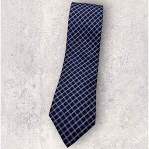 SAKS FIFTH AVENUE Silk Tie XL Navy Purple Tartan W:3.5" EUC